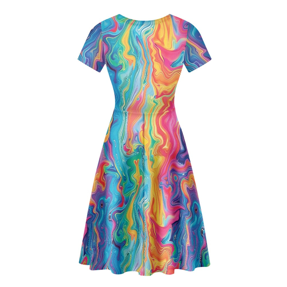 Women Scoop Neck Short Sleeve Ruffle Dress