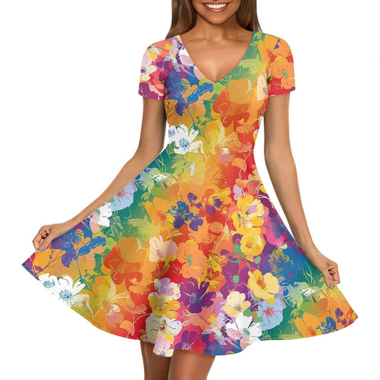 Women V-Neck Short Sleeve Ruffle Dress