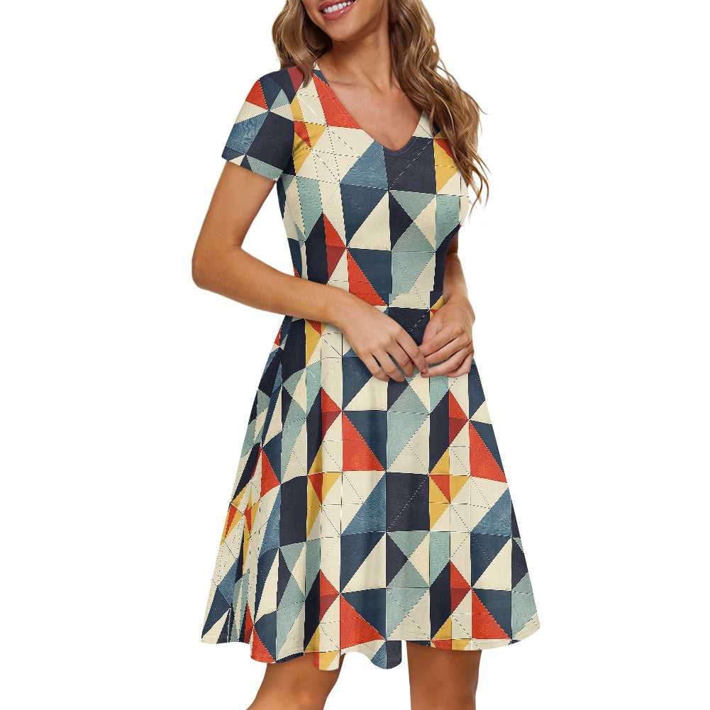 Women V-Neck Short Sleeve Ruffle Dress