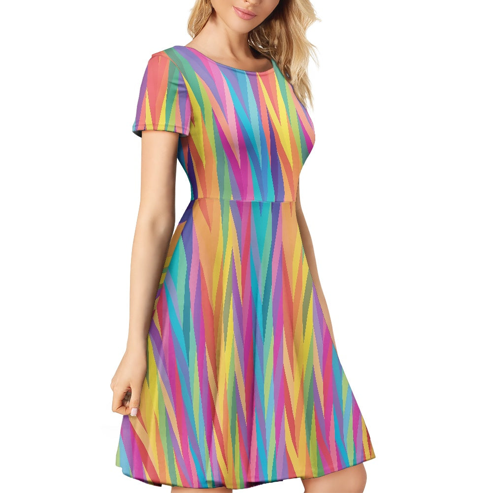 Rainbow Chevron Women Scoop Neck Short Sleeve Ruffle Dress