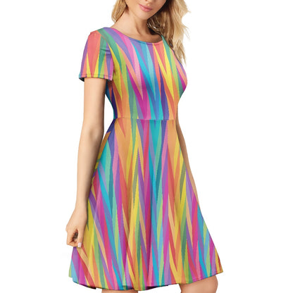 Rainbow Chevron Women Scoop Neck Short Sleeve Ruffle Dress