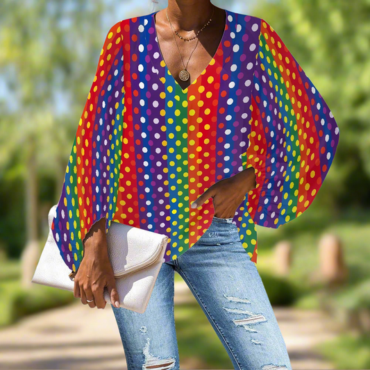 Rainbow Polka Dot V-Neck Chiffon Puff Sleeve Blouse by Luxtrini