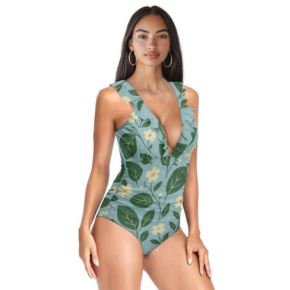 Vintage Garden Bloom One-Piece Swimsuit – Eco Ruffled Plunge Bathing Suit with Lace-Up Back
