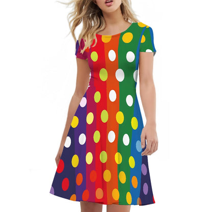 Rainbow Polka Women Scoop Neck Short Sleeve Ruffle Dress