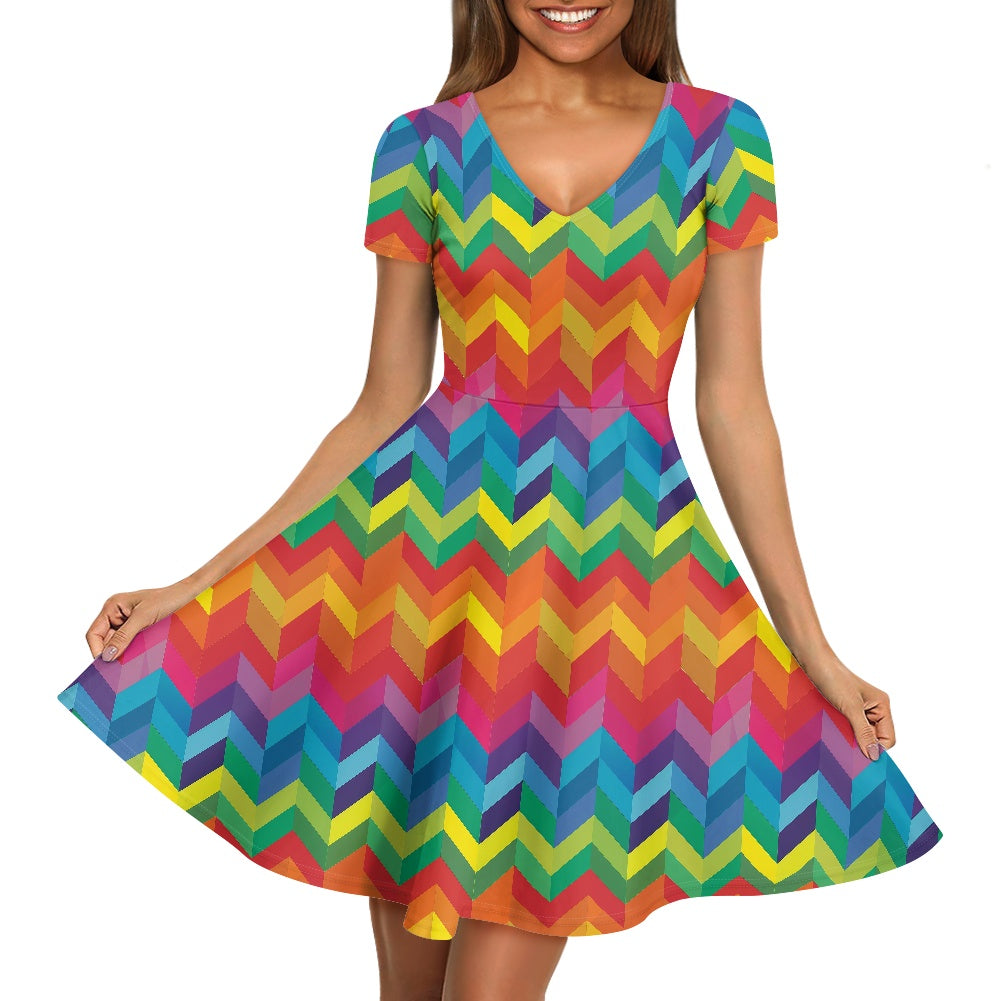 Rainbow Chevron Women V-Neck Short Sleeve Ruffle Dress