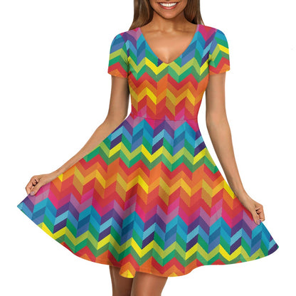 Rainbow Chevron Women V-Neck Short Sleeve Ruffle Dress