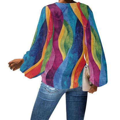 V-Neck Chiffon Puff Sleeve Blouse by Luxtrini