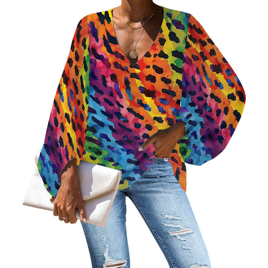 V-Neck Chiffon Puff Sleeve Blouse by Luxtrini 4XL