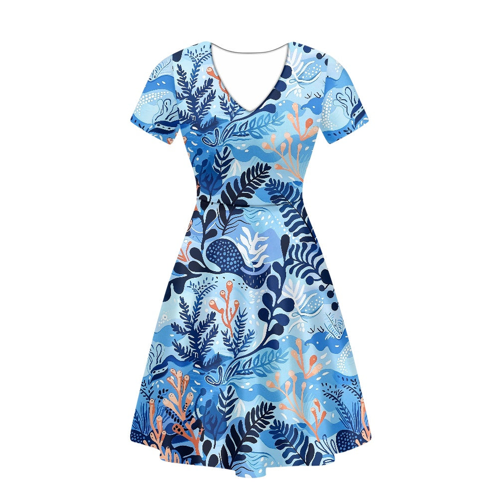 Women V-Neck Short Sleeve Ruffle Dress white