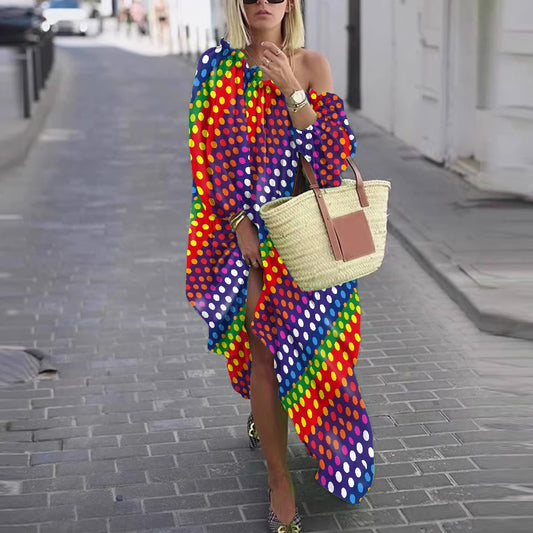 LGBTQ-Friendly Rainbow Polka Dot Chic Elegant Off-Shoulder Maxi Dress with Puff Sleeves, Cinched Waist, and Stylish Waist Tie by Luxtrini