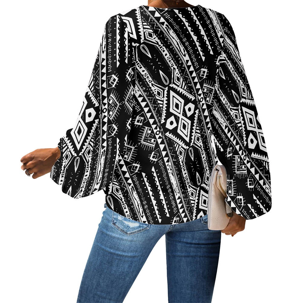 White with Bold Black Geometric V-Neck Chiffon Puff Sleeve Blouse by Luxtrini