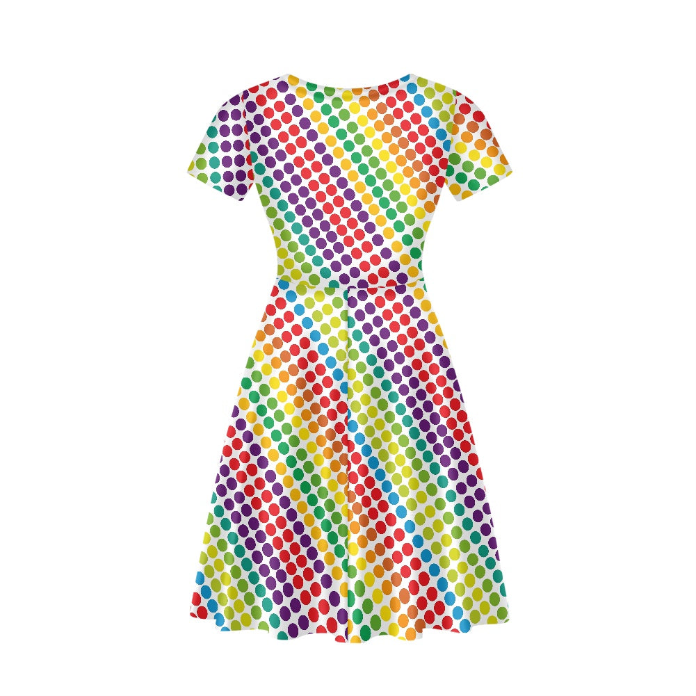 Rainbow Polka Dots Women V-Neck Short Sleeve Ruffle Dress