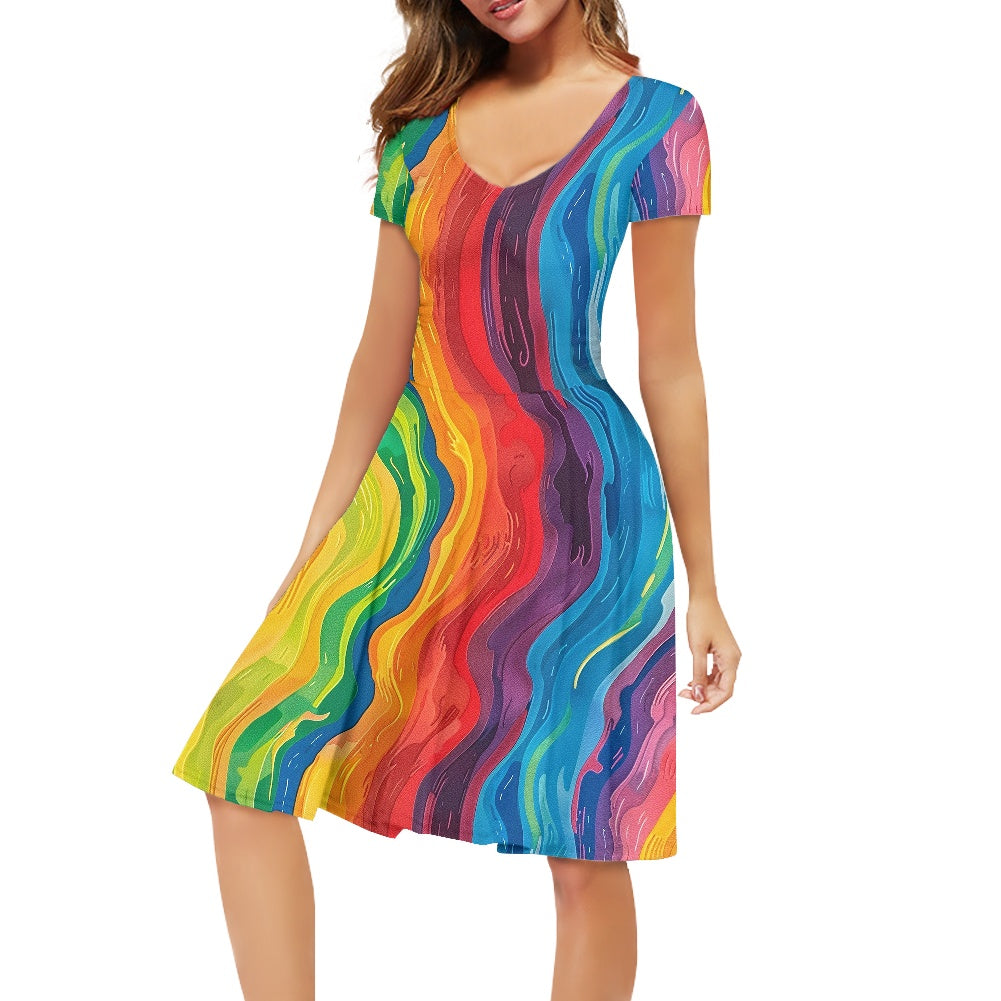 Rainbow Women V-Neck Short Sleeve Ruffle Dress