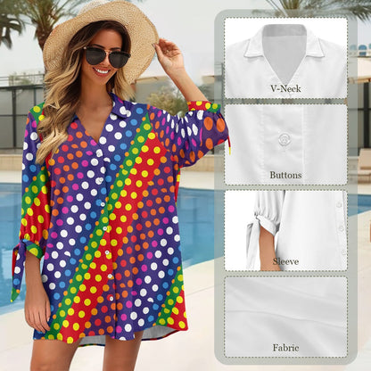 Rainbow Polka Dot Button-Up Tunic Women's three quarter sleeve cardigan shirt