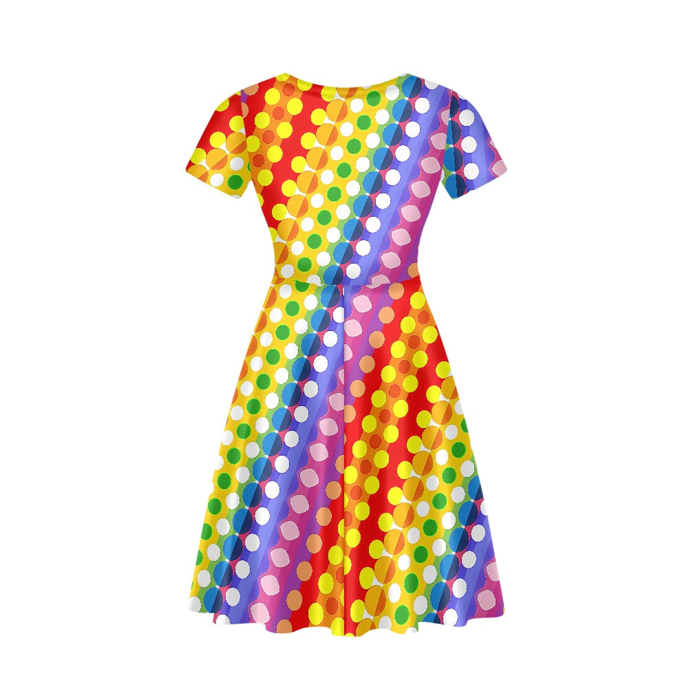 Rainbow Polka Dot Women V-Neck Short Sleeve Ruffle Dress
