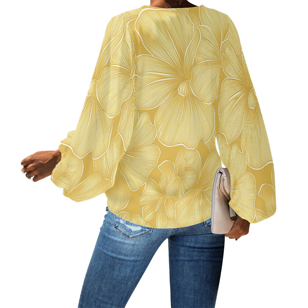 Elegant Hawaiian Floral V-Neck Chiffon Puff Sleeve Blouse by Luxtrini