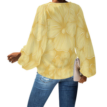 Elegant Hawaiian Floral V-Neck Chiffon Puff Sleeve Blouse by Luxtrini