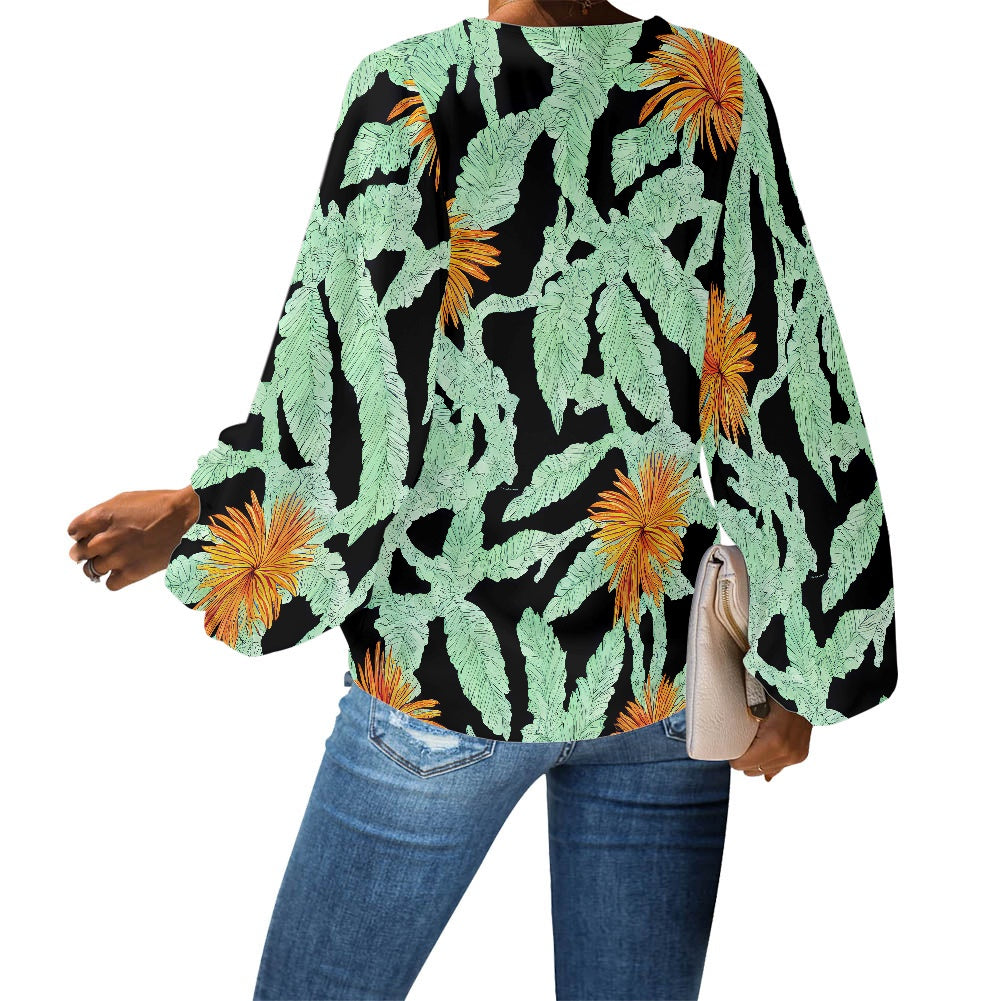 Tropical Banana Leaf and Orange Flower V-Neck Chiffon Puff Sleeve Blouse by Luxtrini