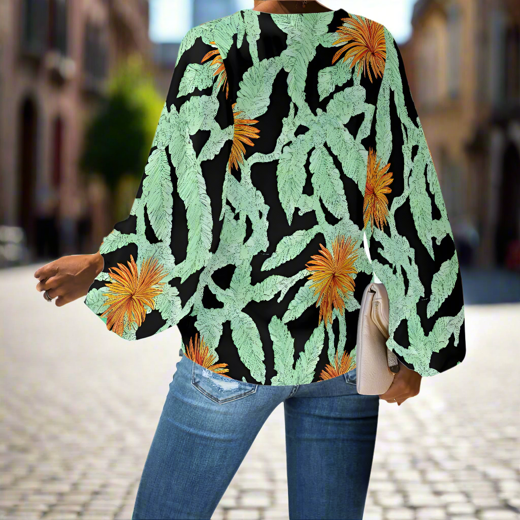 Tropical Banana Leaf and Orange Flower V-Neck Chiffon Puff Sleeve Blouse by Luxtrini