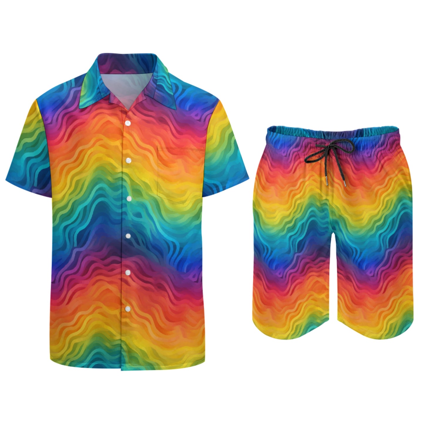 Wavy Rainbow Men's Retro V-Neck Peach Skin Suit - Lightweight, Comfortable, Quick-Drying, Perfect for Summer