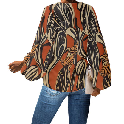 African Ethnic V-Neck Chiffon Puff Sleeve Blouse by Luxtrini