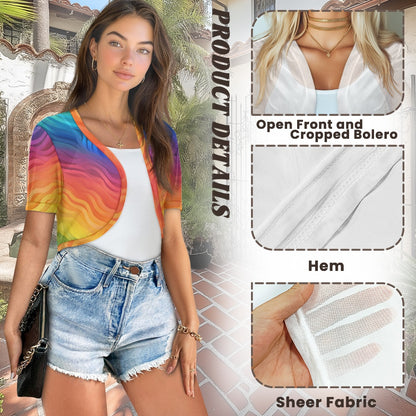 Rainbow Wavy Mini Cardigan – Women's Chiffon Short Jacket, Colorful Sheer Cover Up, Lightweight Layer