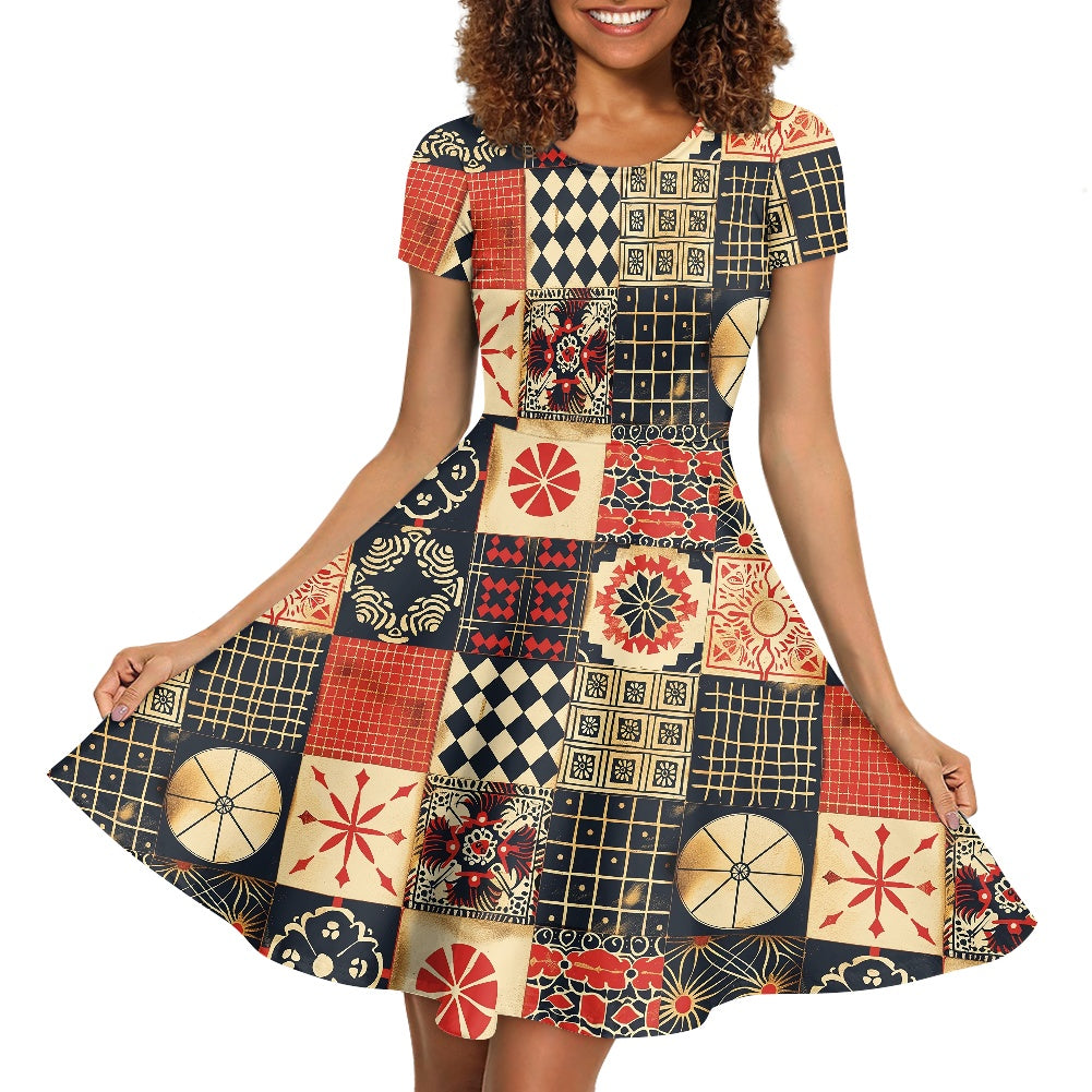 Women Scoop Neck Short Sleeve Ruffle Dress