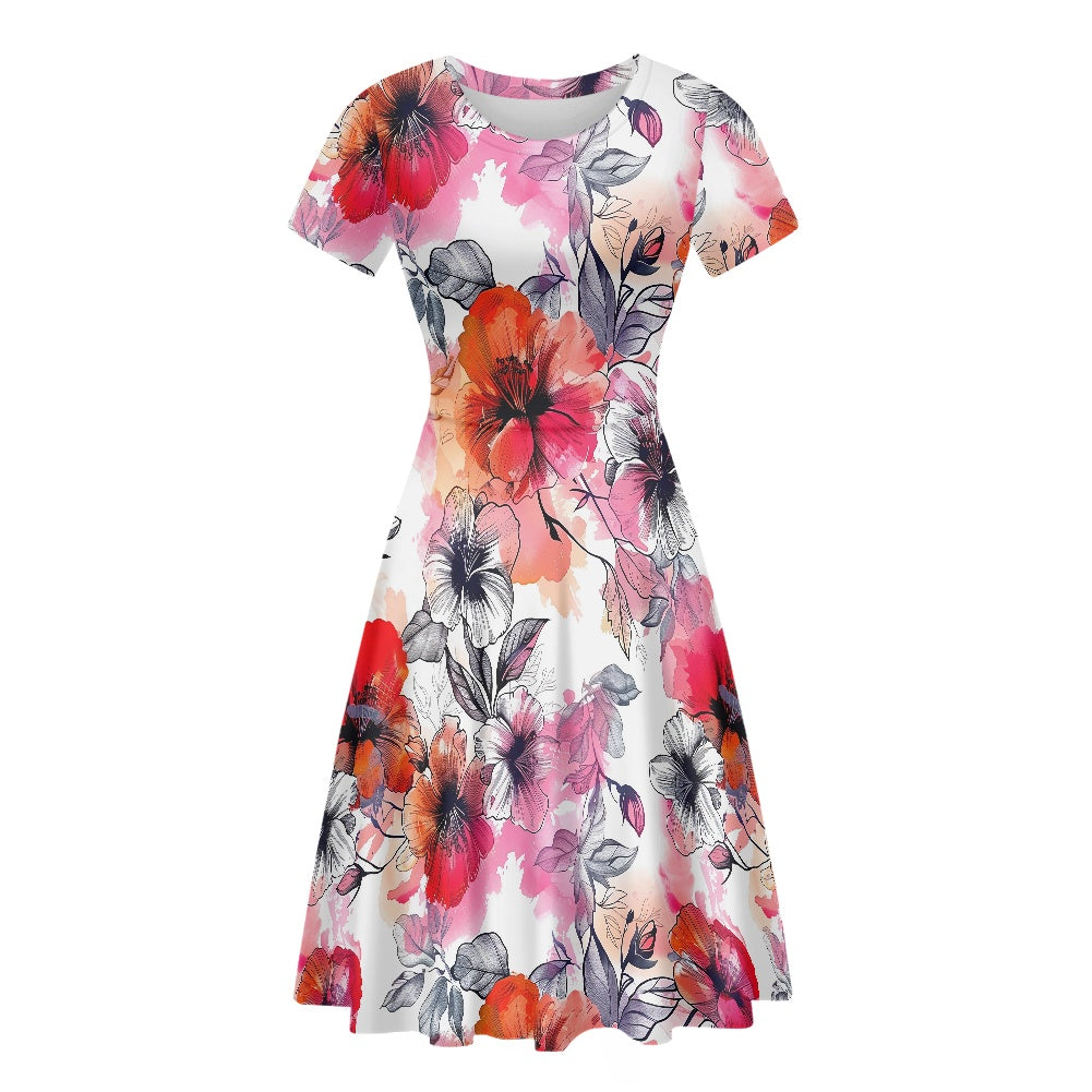 Women Scoop Neck Short Sleeve Ruffle Dress white