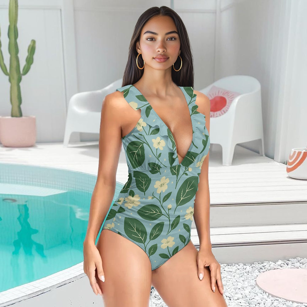 Vintage Garden Bloom One-Piece Swimsuit – Eco Ruffled Plunge Bathing Suit with Lace-Up Back
