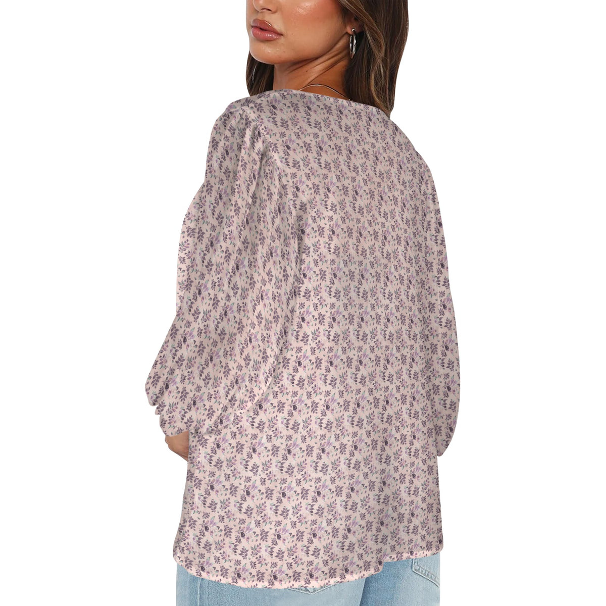 Sangria Women's Loose V-Neck Long Puff Sleeve Top