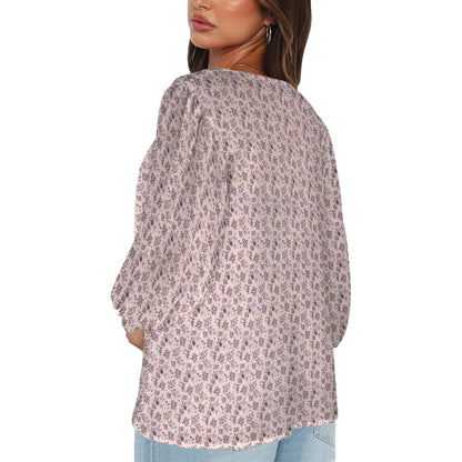 Sangria Women's Loose V-Neck Long Puff Sleeve Top
