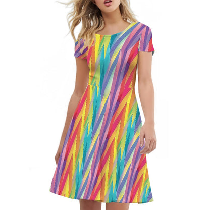 Pastel Chevron Rainbow Stripes Women Scoop Neck Short Sleeve Ruffle Dress