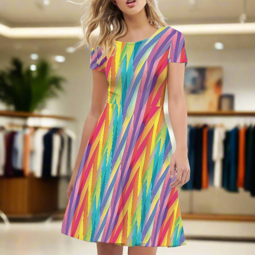 Pastel Chevron Rainbow Stripes Women Scoop Neck Short Sleeve Ruffle Dress