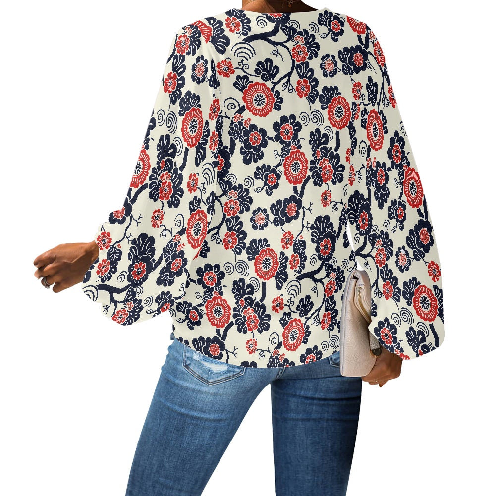 V-Neck Chiffon Puff Sleeve Blouse by Luxtrini
