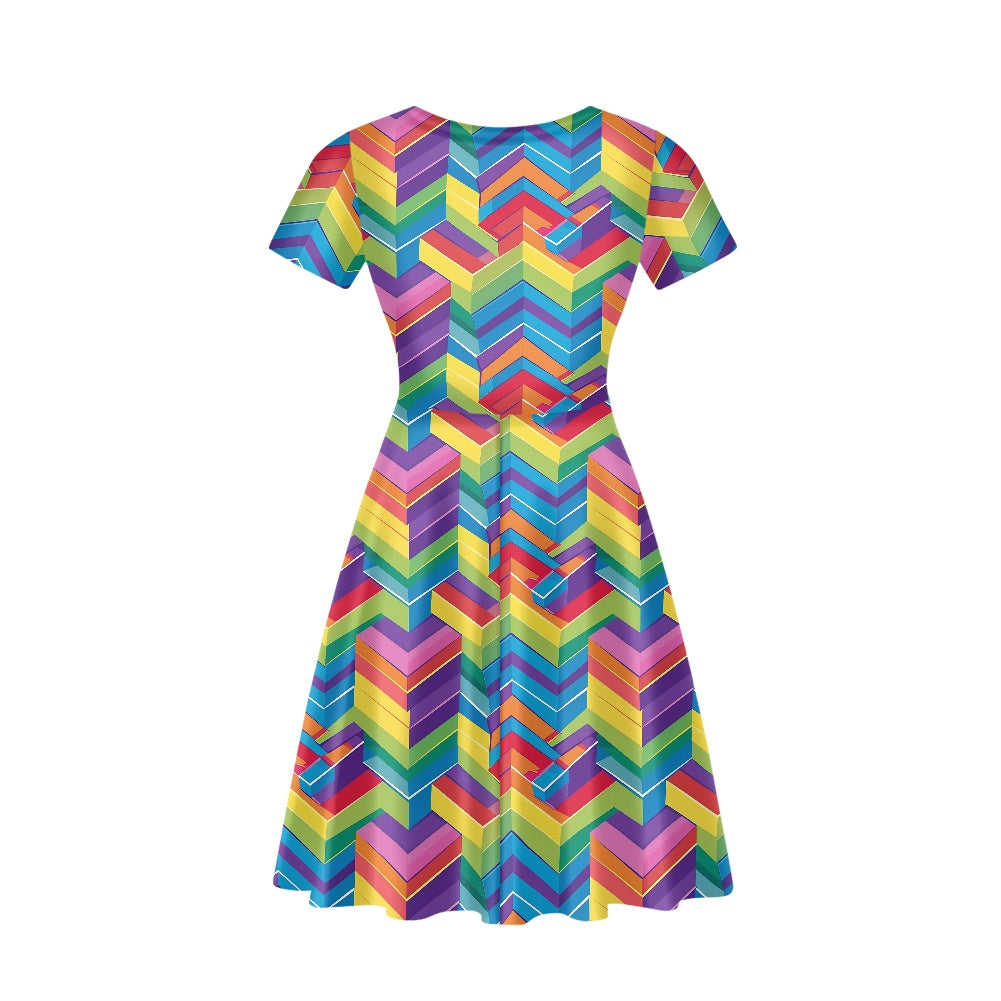 Rainbow Geometric Women V-Neck Short Sleeve Ruffle Dress