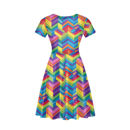 Rainbow Geometric Women V-Neck Short Sleeve Ruffle Dress