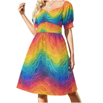 Rainbow Puff Sleeve Dress – Flowy Pride Midi, Short Sleeves & Slim Waist – Colorful Festival or Summer Outfit