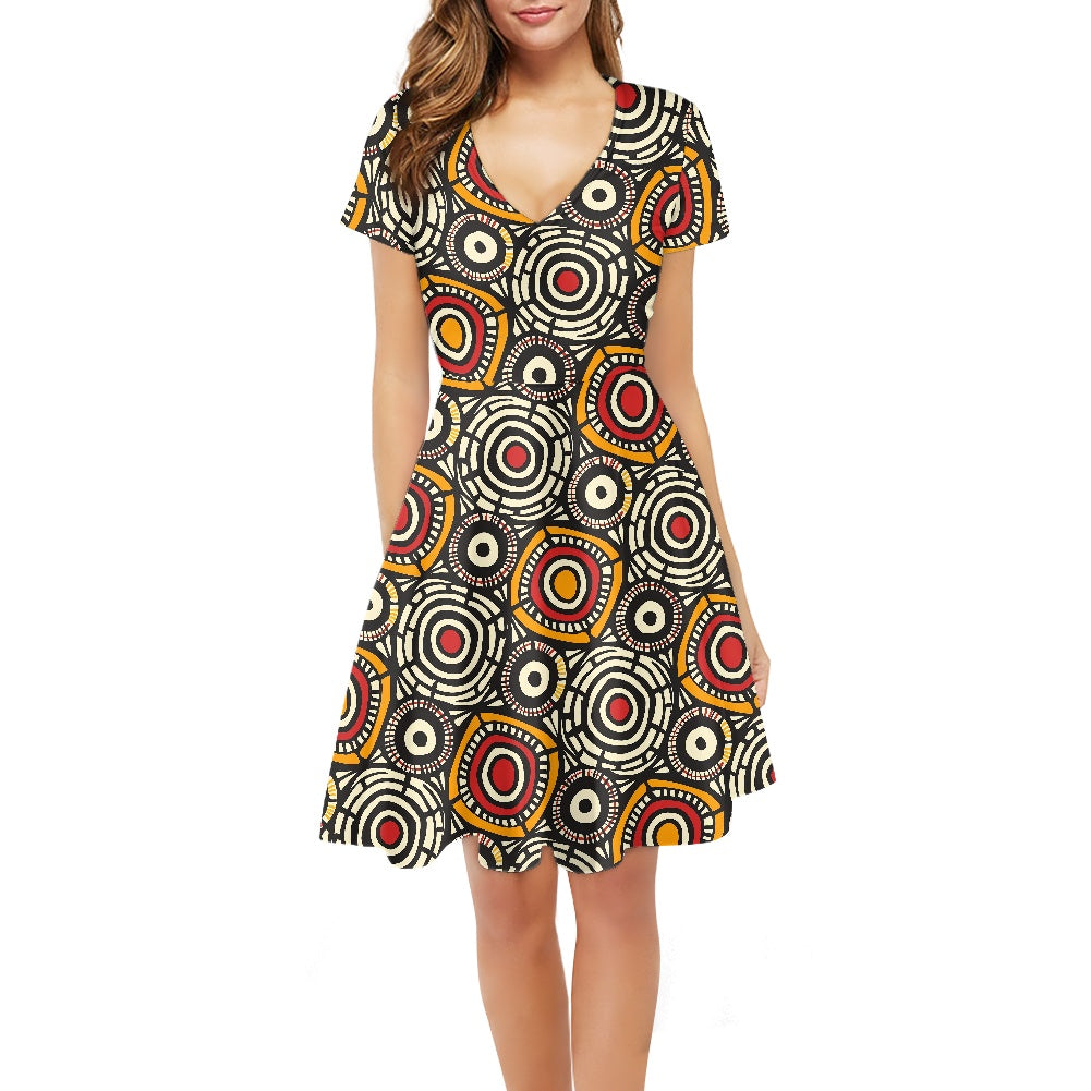 African Kente Pattern Women V-Neck Short Sleeve Ruffle Dress