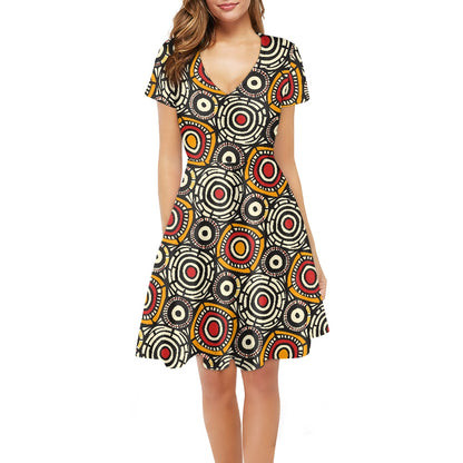 African Kente Pattern Women V-Neck Short Sleeve Ruffle Dress
