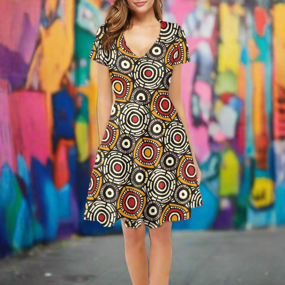 African Kente Pattern Women V-Neck Short Sleeve Ruffle Dress