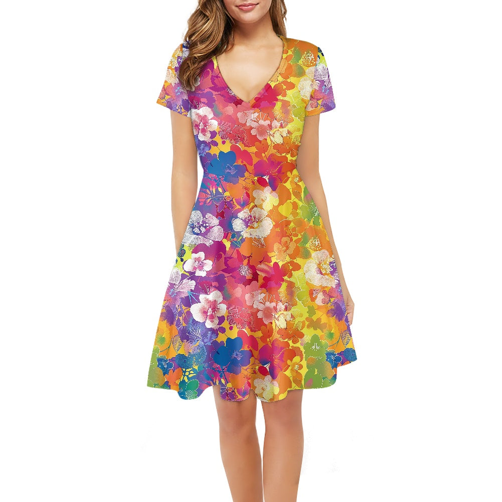 Women V-Neck Short Sleeve Ruffle Dress