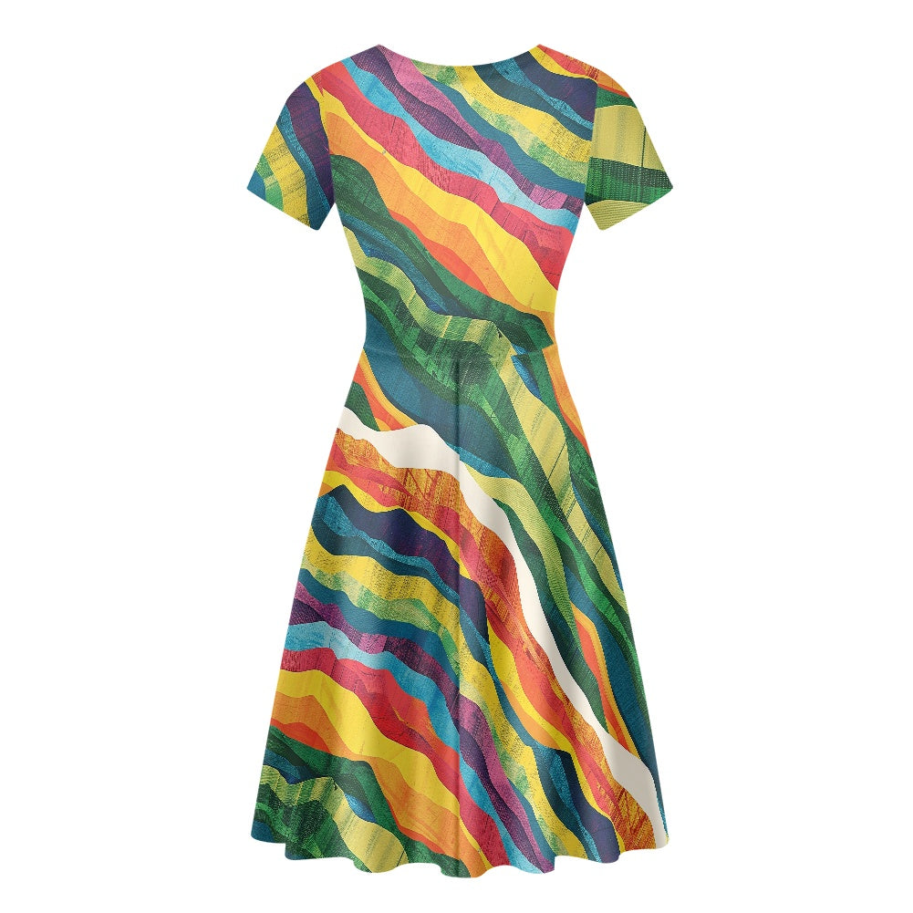 Women Scoop Neck Short Sleeve Ruffle Dress