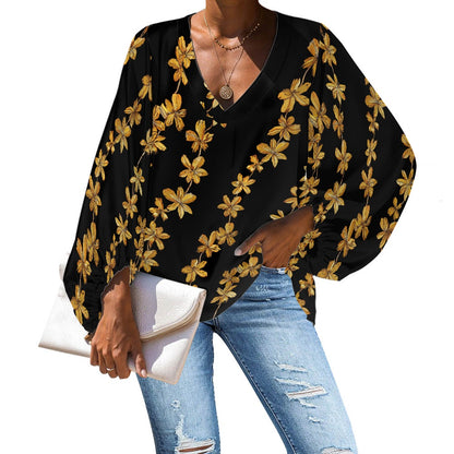 Black and Gold Tropical Lei V-Neck Chiffon Puff Sleeve Blouse by Luxtrini 4XL