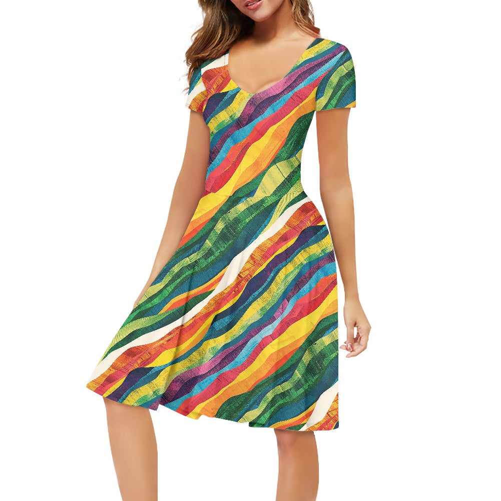 Wavy Rainbow Women V-Neck Short Sleeve Ruffle Dress