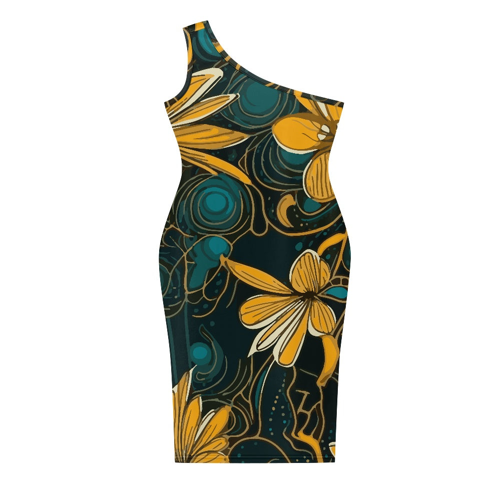 Discover Elegance: Luxtrini's One-Shoulder Slim Dress - Tropical Green white
