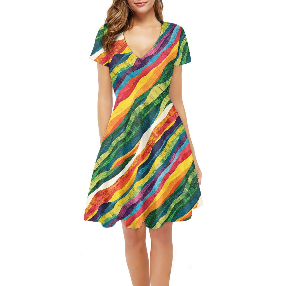 Wavy Rainbow Women V-Neck Short Sleeve Ruffle Dress