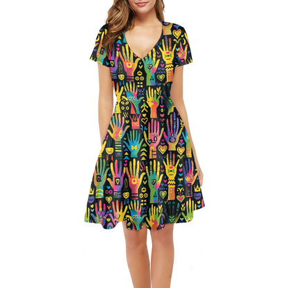 Women V-Neck Short Sleeve Ruffle Dress