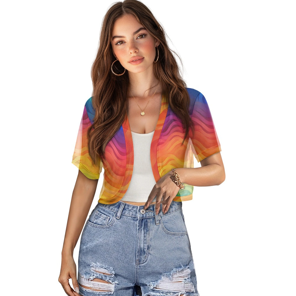 Rainbow Wavy Mini Cardigan – Women's Chiffon Short Jacket, Colorful Sheer Cover Up, Lightweight Layer