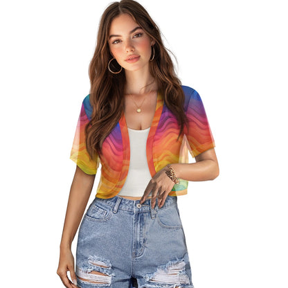 Rainbow Wavy Mini Cardigan – Women's Chiffon Short Jacket, Colorful Sheer Cover Up, Lightweight Layer