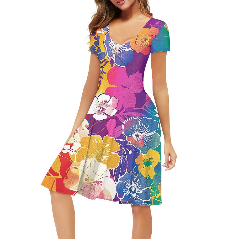 Rainbow Flowers Women V-Neck Short Sleeve Ruffle Dress
